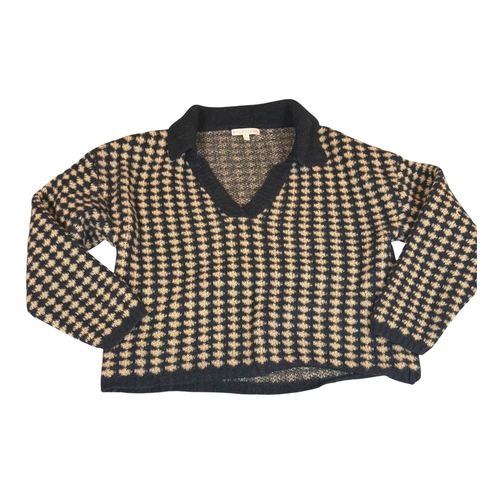 Evolutionary‎ Knit Sweater Women's Large Black Tan V-Neck Long Sleeve